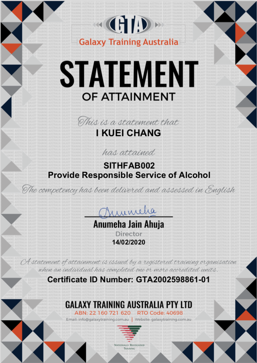 RSA（Responsible Service of Alcohol）為澳洲必要的服務業執照。