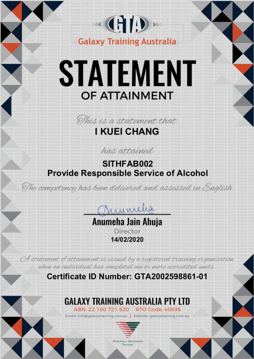 RSA（Responsible Service of Alcohol）為 澳洲打工度假 必要的服務業執照。