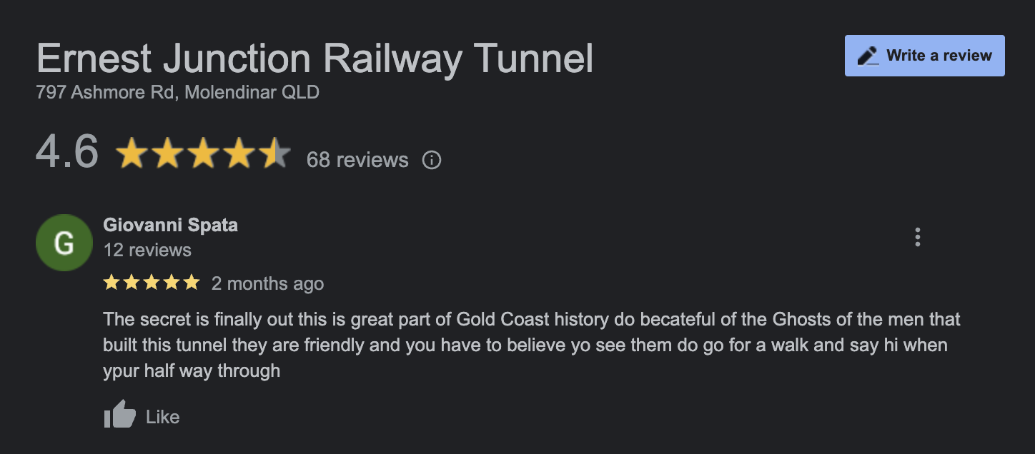 Gold coast Ernest Junction Tunnel google map review about the ghosts in tunnel.