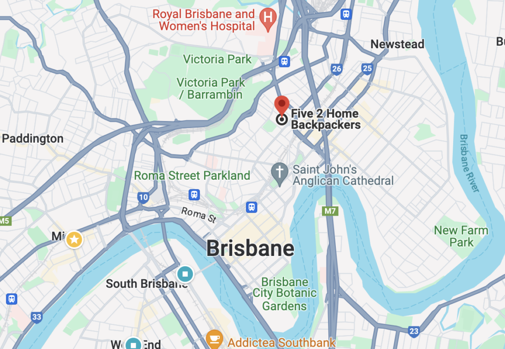 布里斯本背包客棧Five 2 home 在google map上的地理位置，距離布里斯本市中心約5分鐘，坐於Fortitude Valley酒吧街附近